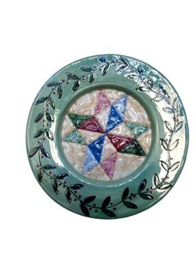 Yankee Candle Small Jar Candle Under Plate Quilt pattern green blue leaf 6 12"